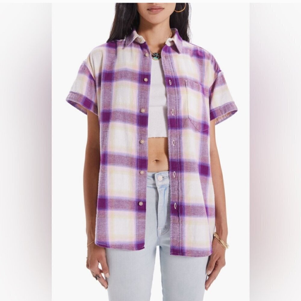 MOTHER Plaid Flannel Short Sleeve Shirt Sz Small Western Country Chic